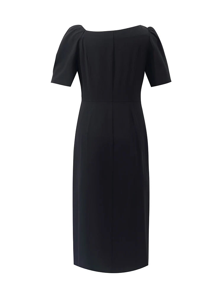 Acetate Asymmetric Neck Slit Twist Waist Women Midi Dress - Image 9