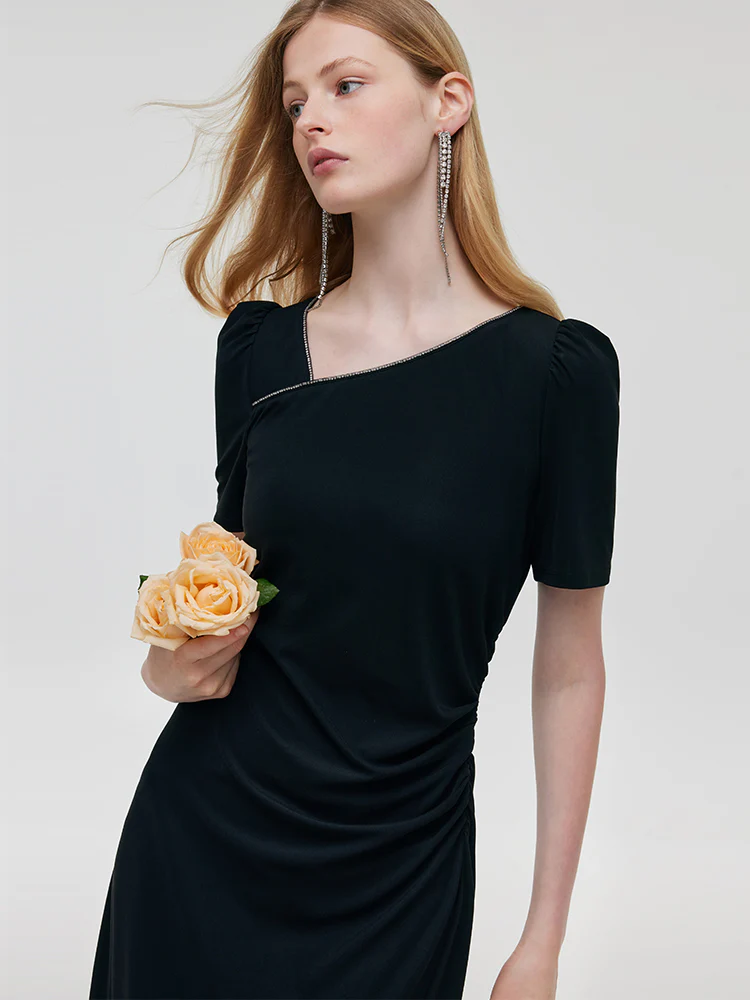 Acetate Asymmetric Neck Women Midi Dress - Image 5