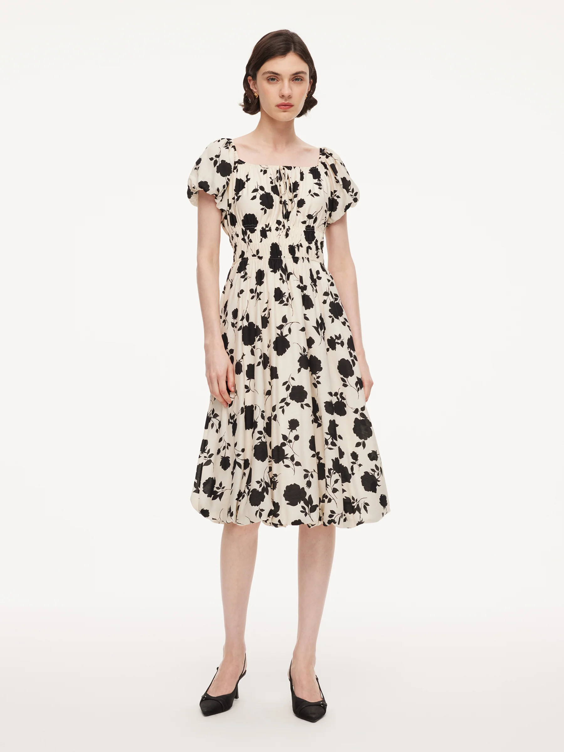 Acetate Blend Floral Print Bubble Hem Women Midi Dress With Scrunchie - Image 2