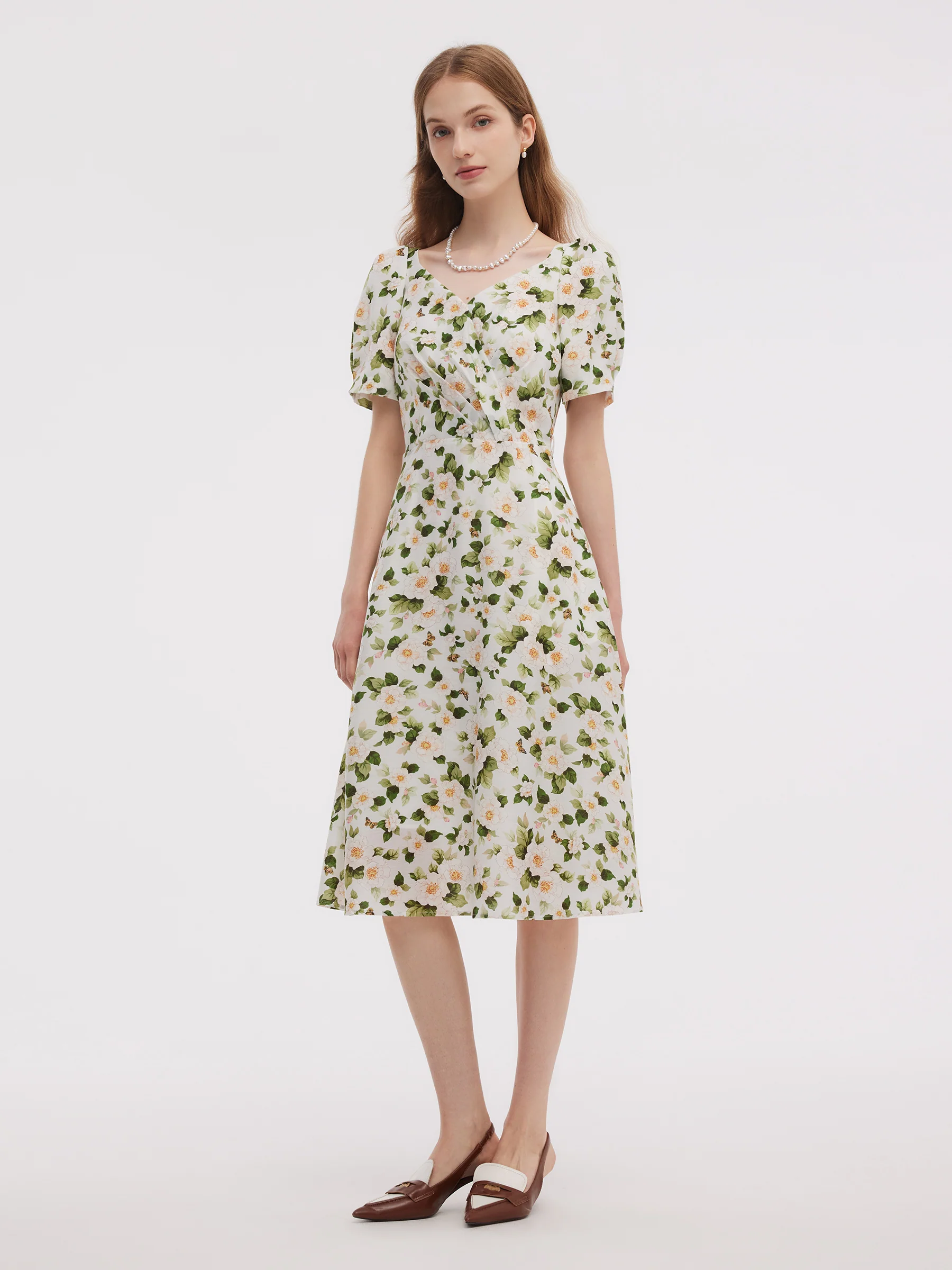 Acetate Blend Floral Print Women V-Neck Midi Dress With Belt - Image 4