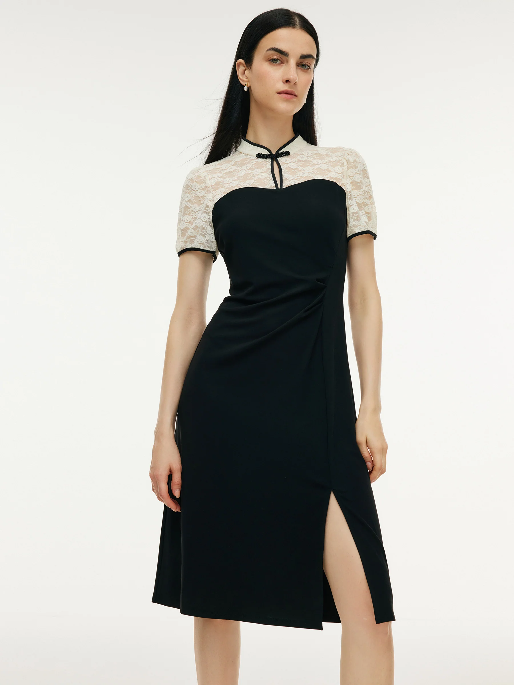 Acetate Blend Side Slit Patchwork Women Knit Qipao Mini Dress - Image 4
