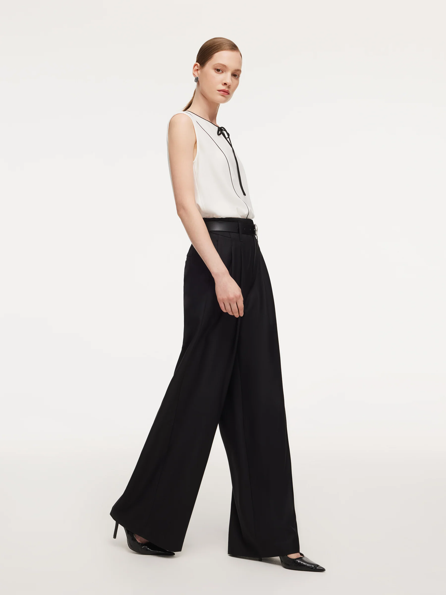 Acetate Blend Tie Front Contrast Trim Women Tank Top - Image 7