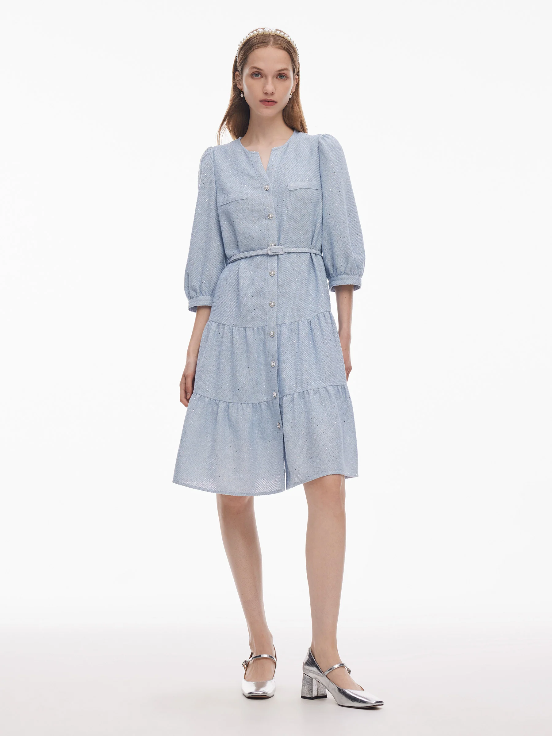 Acetate Blend Tweed Sequins Women Midi Dress With Belt - Image 2