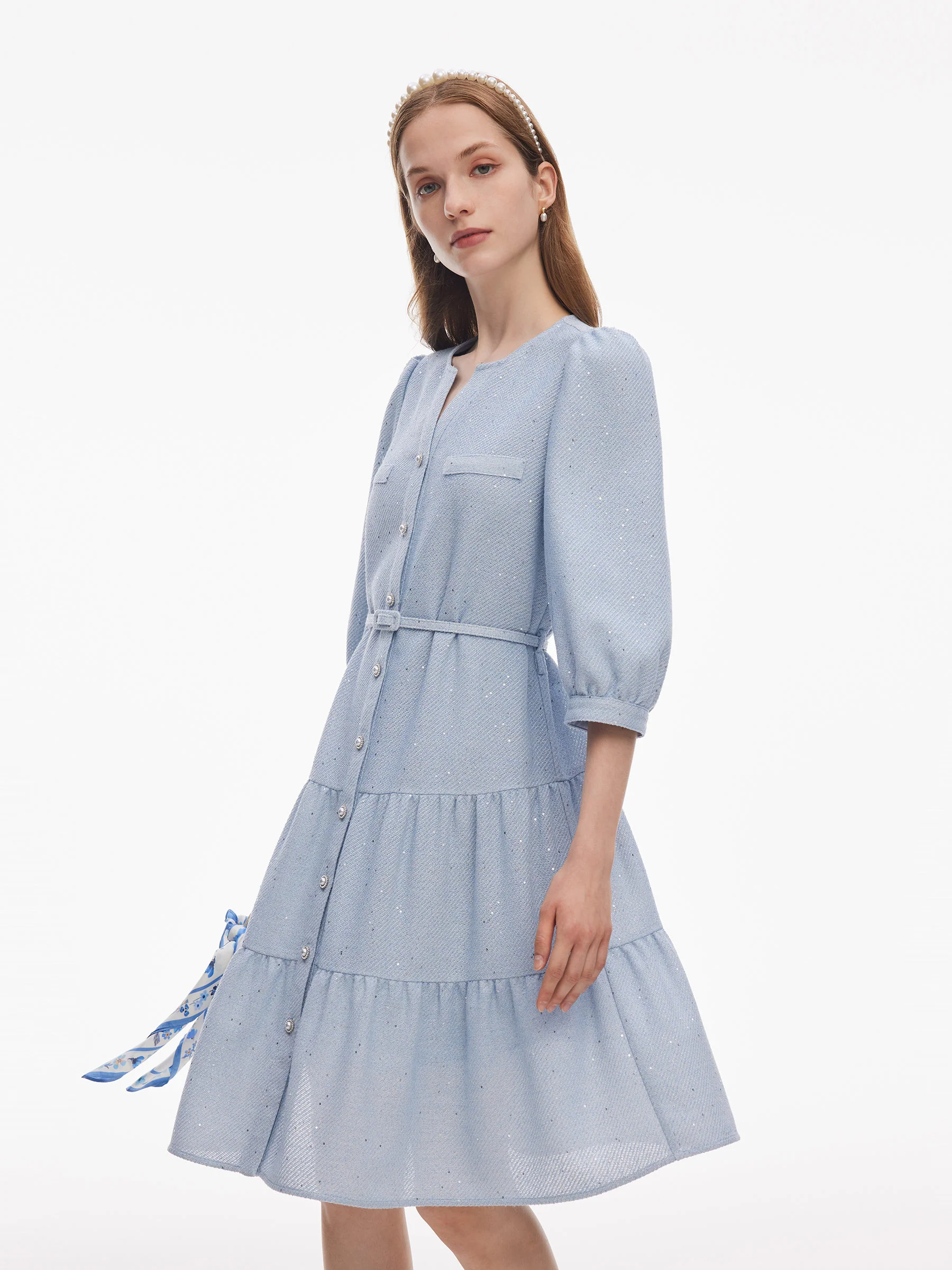 Acetate Blend Tweed Sequins Women Midi Dress With Belt - Image 5