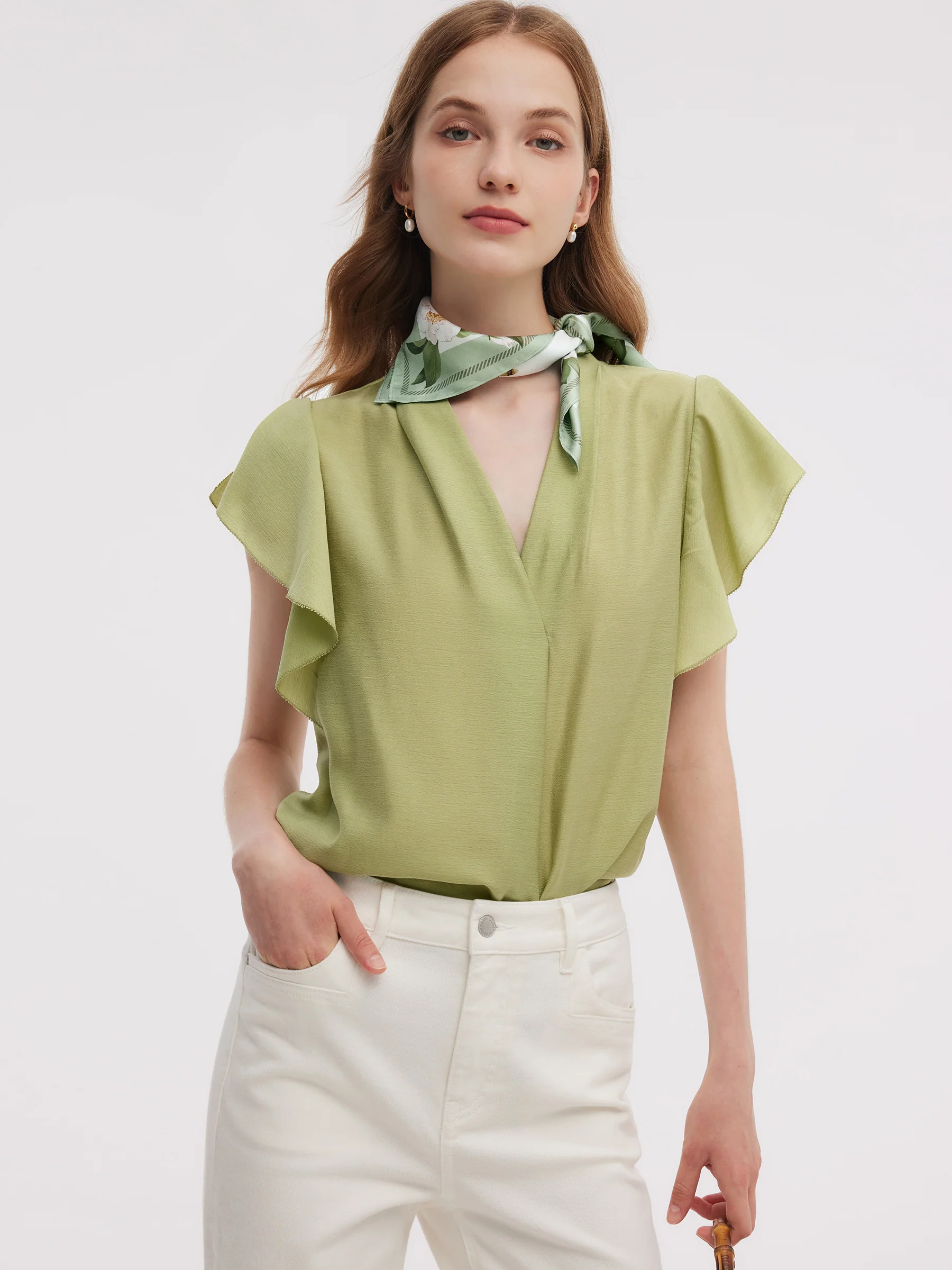 Acetate Blend V-Neck Women Ruffle Sleeve Blouse - Image 5