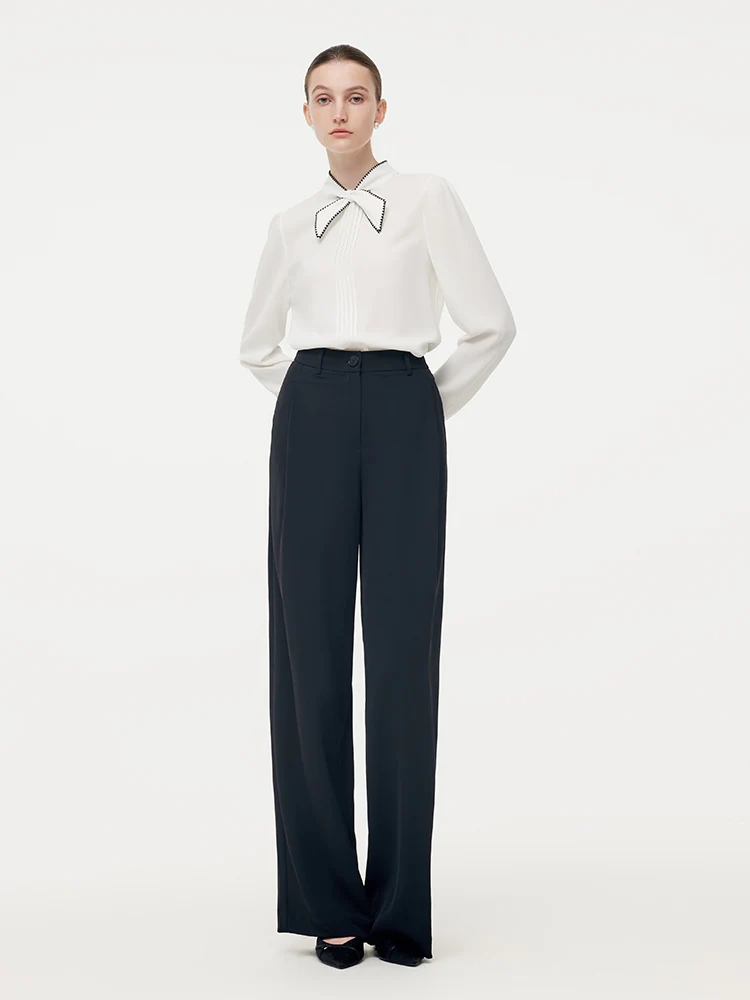 Acetate Contrast Bow Pleat Front Women Shirt - Image 3