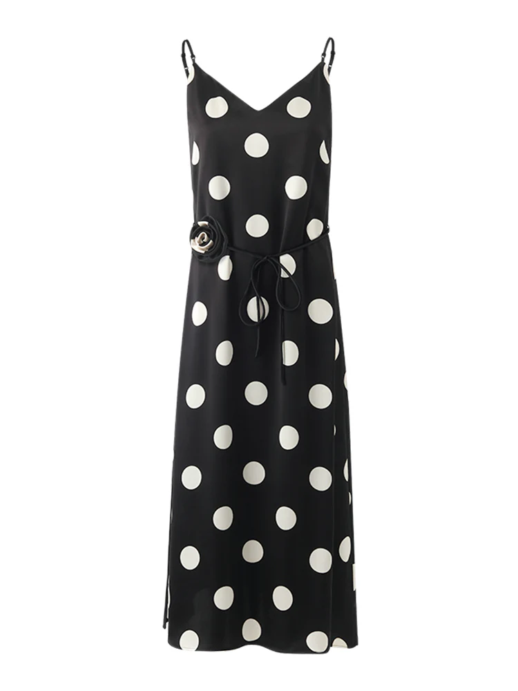 Acetate Polka Dots Print Spaghetti Strap Women Midi Dress With Rose Belt - Image 11