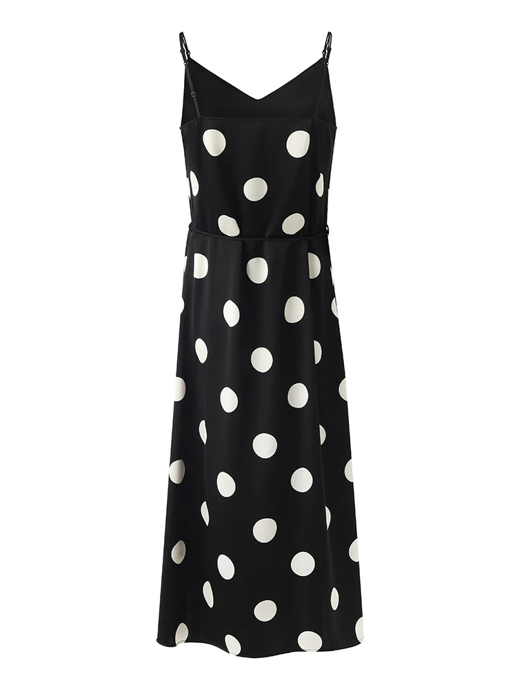 Acetate Polka Dots Print Spaghetti Strap Women Midi Dress With Rose Belt - Image 12