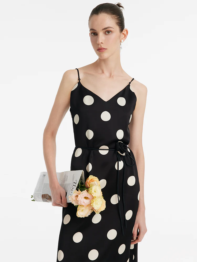 Acetate Polka Dots Print Spaghetti Strap Women Midi Dress With Rose Belt - Image 3