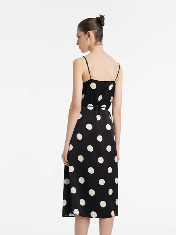 Acetate Polka Dots Print Spaghetti Strap Women Midi Dress With Rose Belt - Image 5