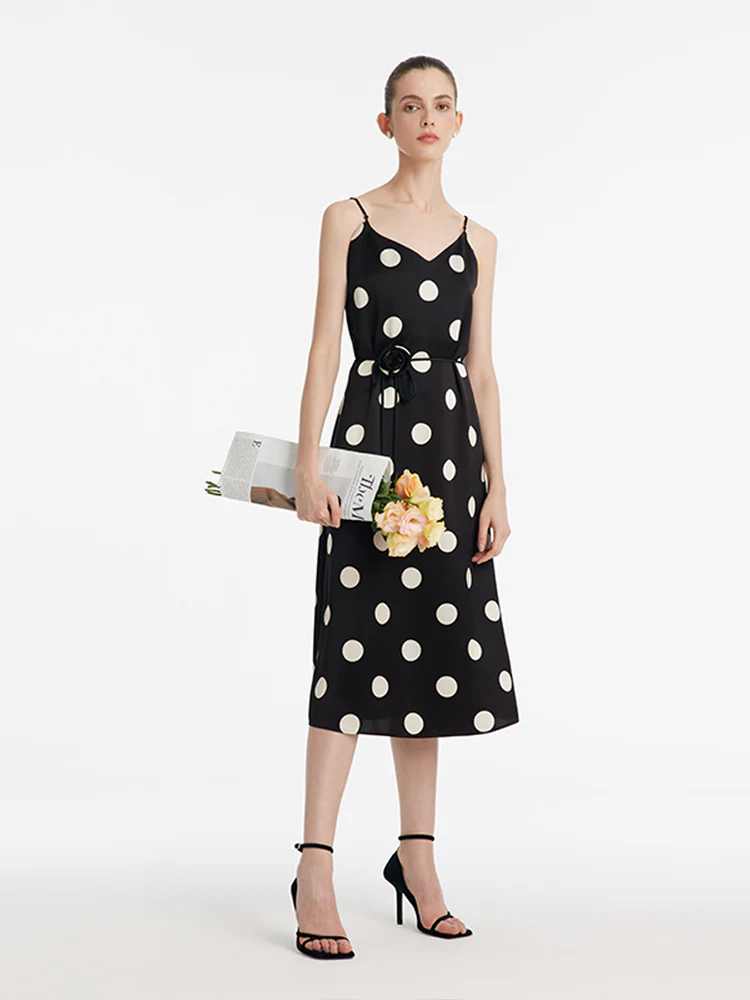 Acetate Polka Dots Print Spaghetti Strap Women Midi Dress With Rose Belt - Image 6