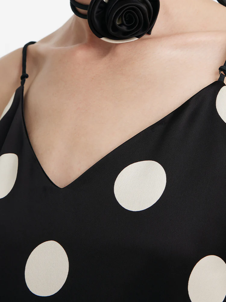 Acetate Polka Dots Print Spaghetti Strap Women Midi Dress With Rose Belt - Image 8