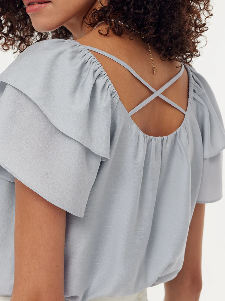 Acetate Ruffle Sleeve Women T-Shirt - Image 2