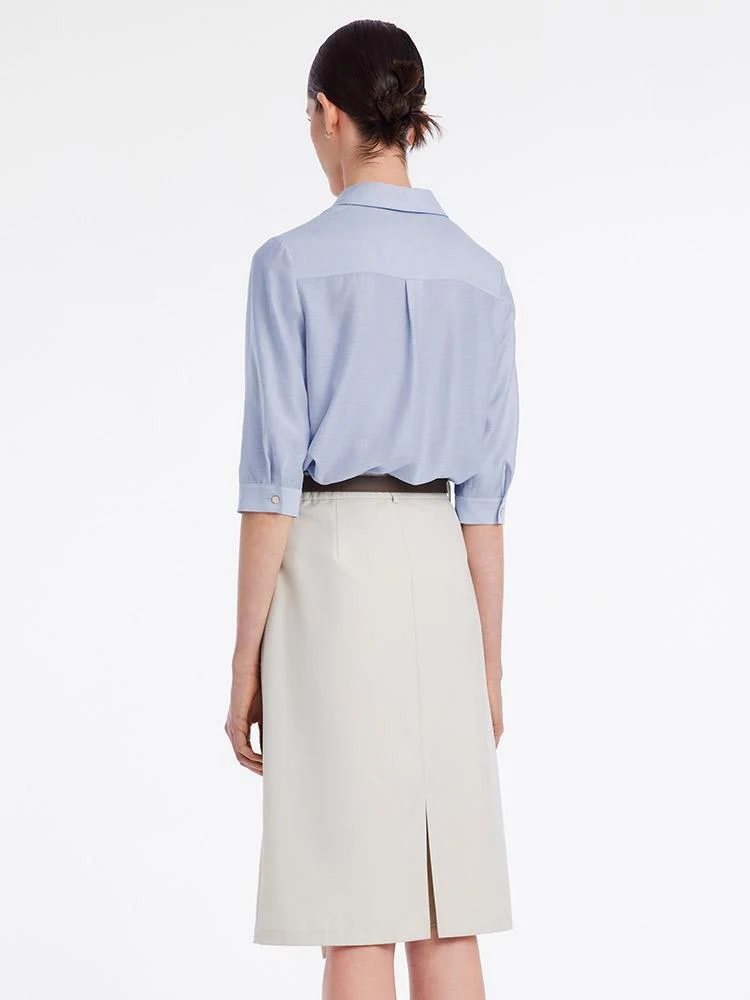 Acetate Shirt And Half Women Skirt Two-Piece Set With Leather Belt - Image 10