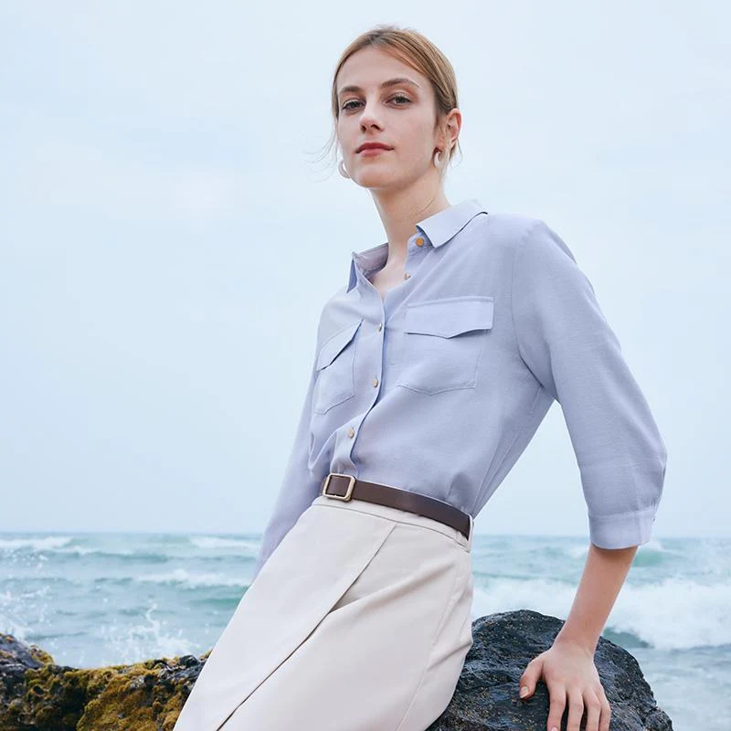 Acetate Shirt And Half Women Skirt Two-Piece Set With Leather Belt - Image 5