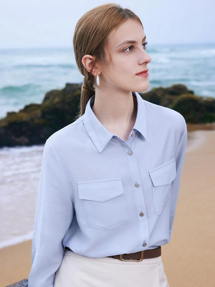 Acetate Shirt And Half Women Skirt Two-Piece Set With Leather Belt - Image 6