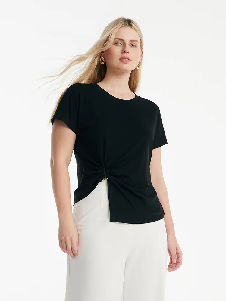 Acetate Waist Twist Asymmetric Hem Women Knit Top - Image 12