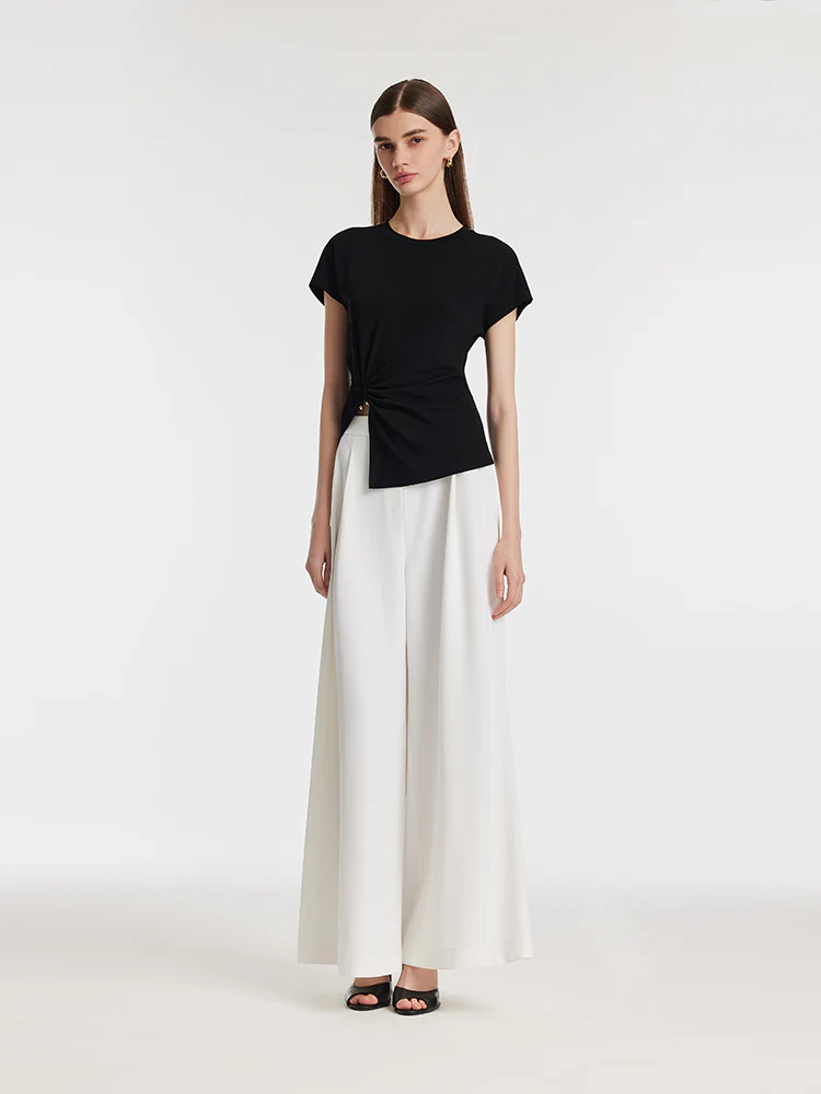 Acetate Waist Twist Asymmetric Hem Women Knit Top - Image 2