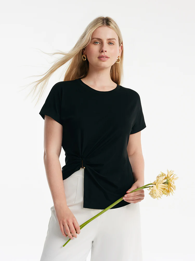 Acetate Waist Twist Asymmetric Hem Women Knit Top - Image 7