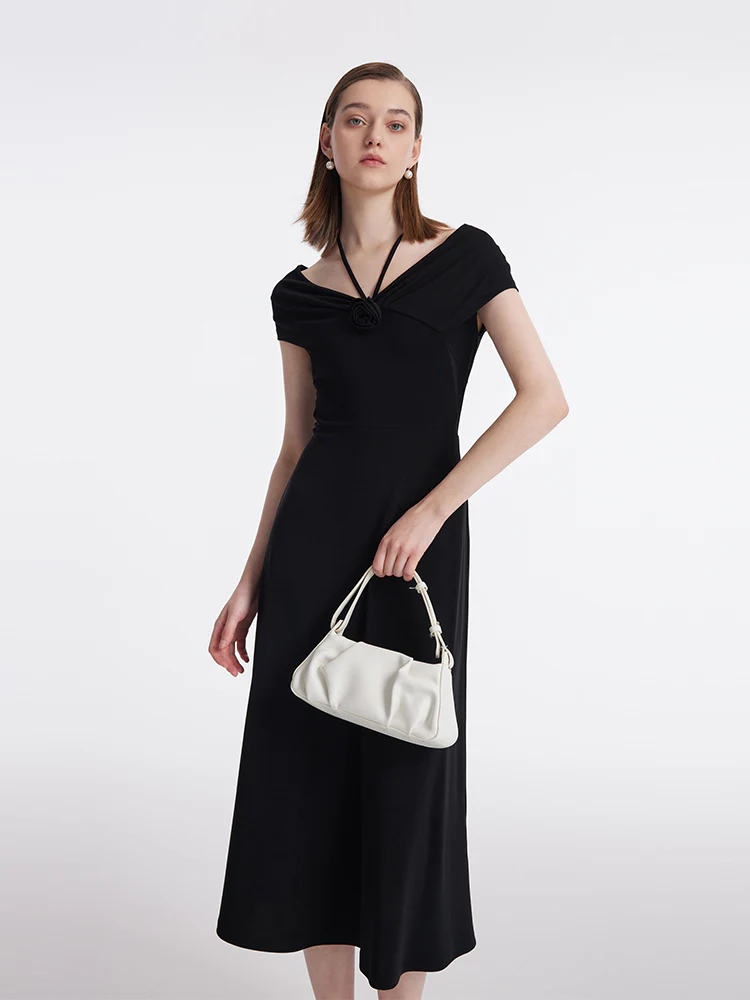 Acetate Women Midi Dress With 3D Rose And Halter String - Image 4