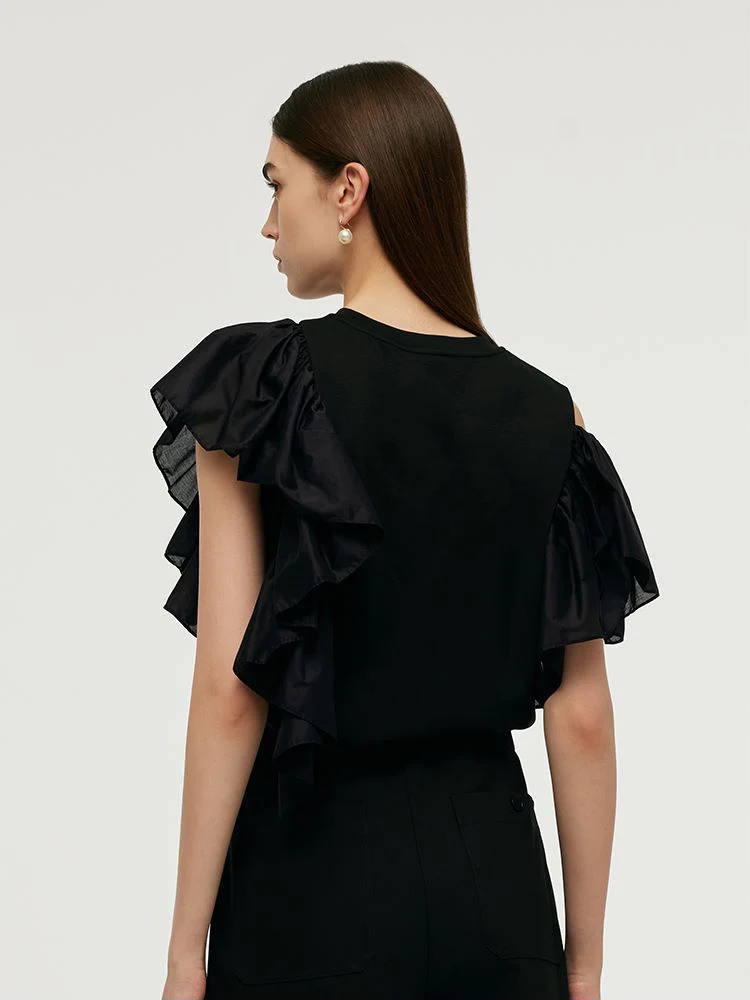 Asymmetric Patchwork Ruffle Women T-Shirt - Image 3