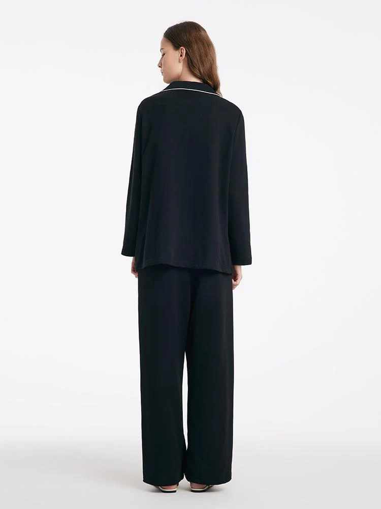 Black Long Sleeves And Pants Lapel Pajamas Two-Piece Set - Image 3