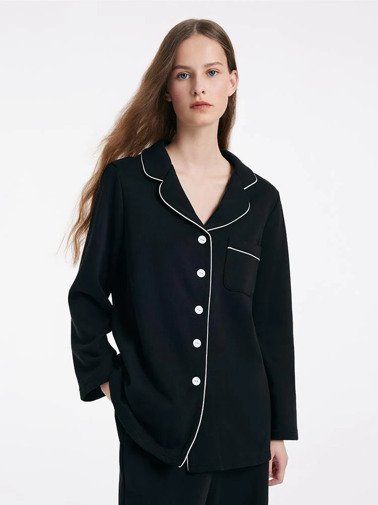 Black Long Sleeves And Pants Lapel Pajamas Two-Piece Set - Image 4