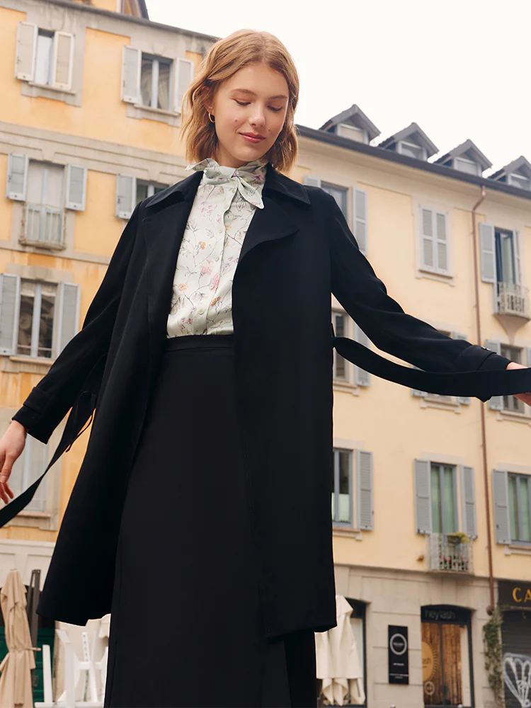 Black Triacetate Lace-up Women Trench Coat - Image 5