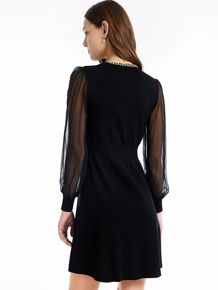 Tulle Sleeve V-Neck Double-Breasted Mini Dress - Image 3