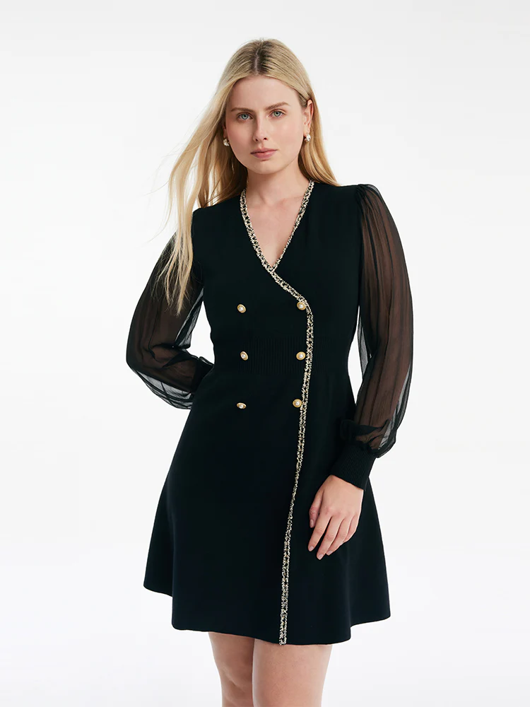 Tulle Sleeve V-Neck Double-Breasted Mini Dress - Image 6