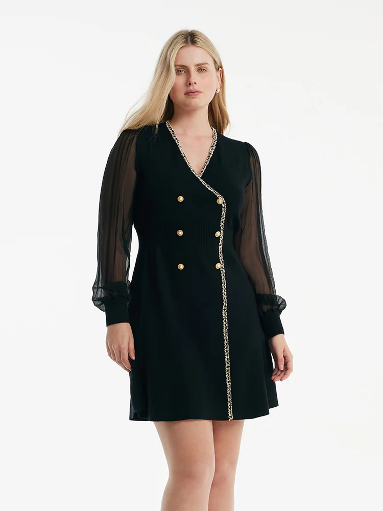 Tulle Sleeve V-Neck Double-Breasted Mini Dress - Image 9