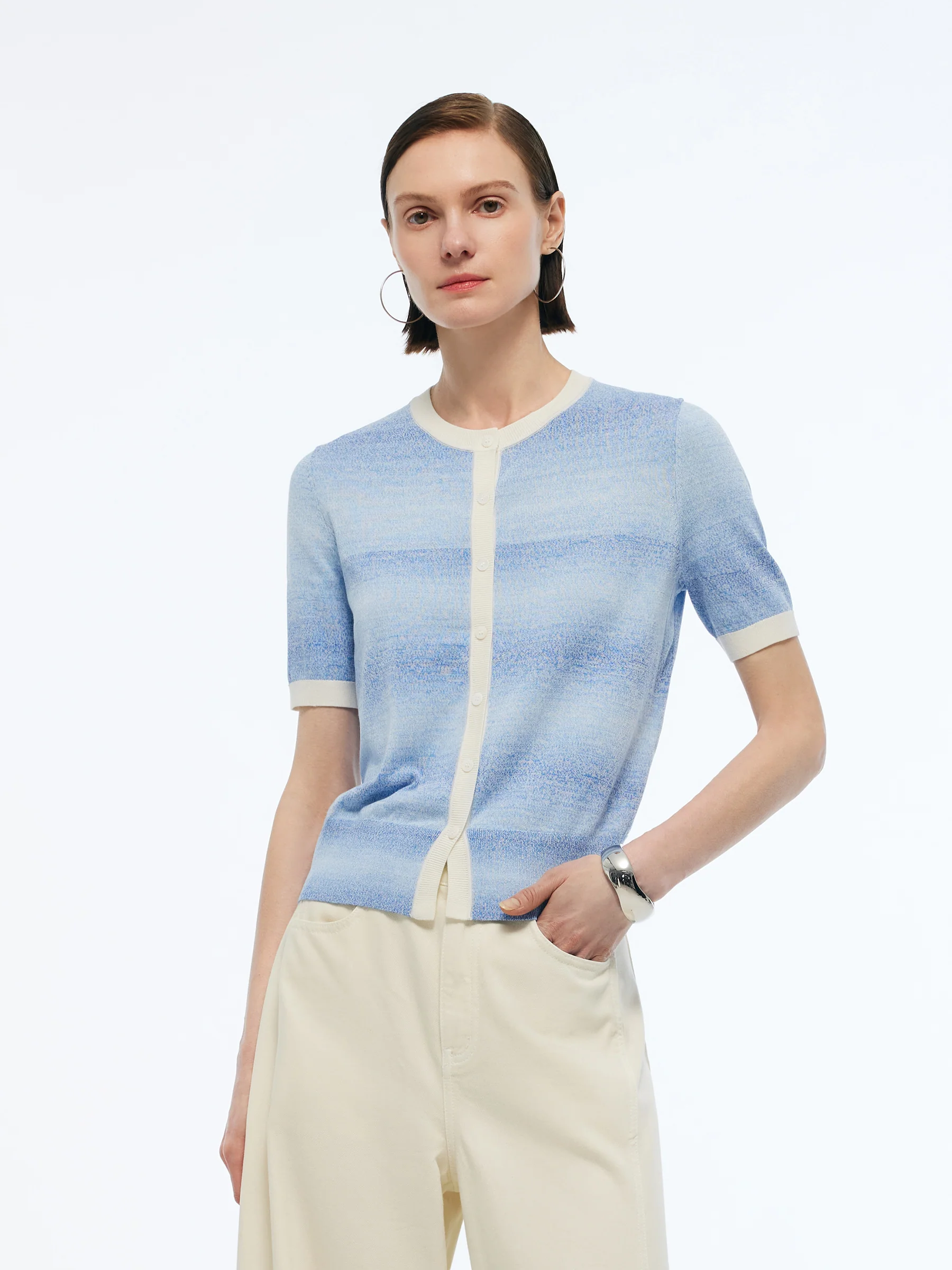 Blue And White Gradient Contrast Trim Women Cardigan