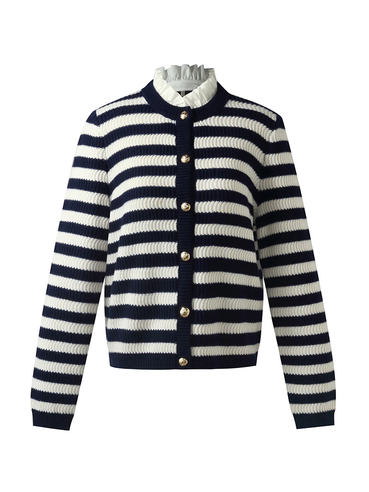 Blue And White Stripe Women Cardigan With Detachable Ruffle Collar - Image 6