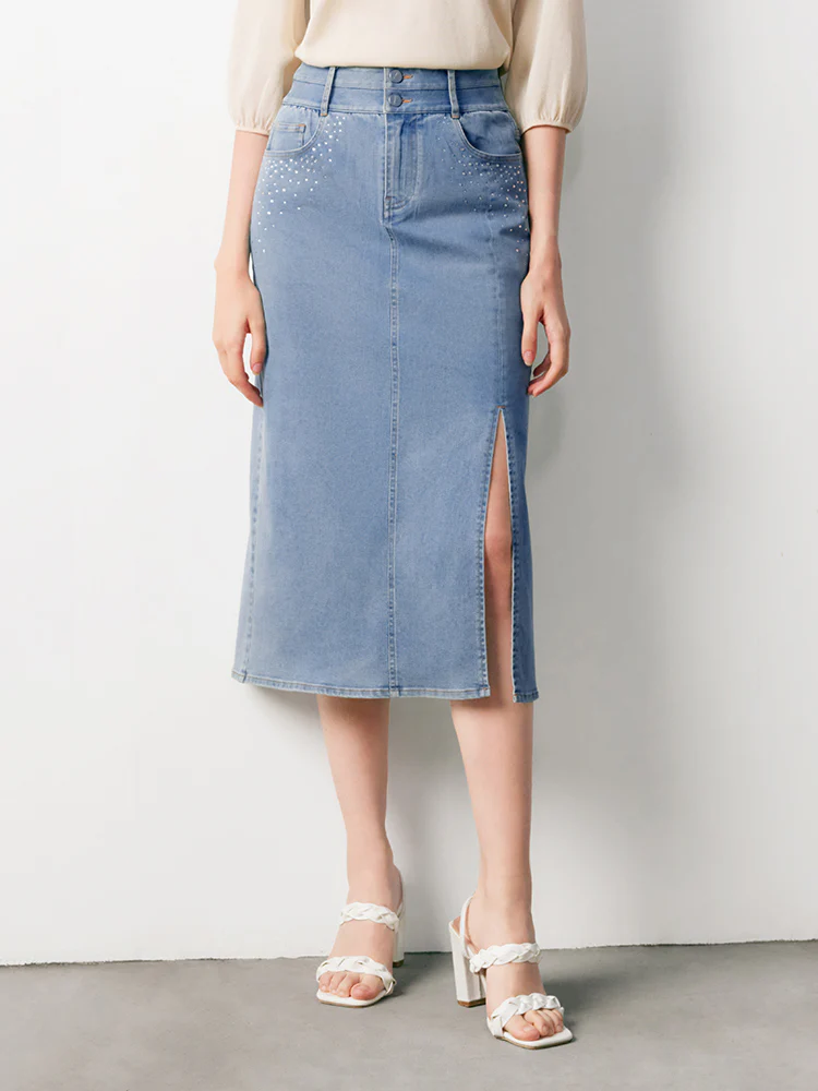 Blue High Waist Slit Midi Denim Skirt - Image 4