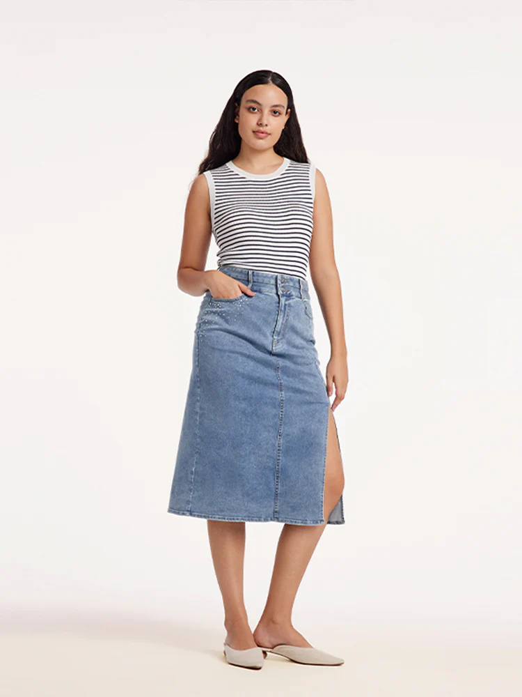 Blue High Waist Slit Midi Denim Skirt - Image 7