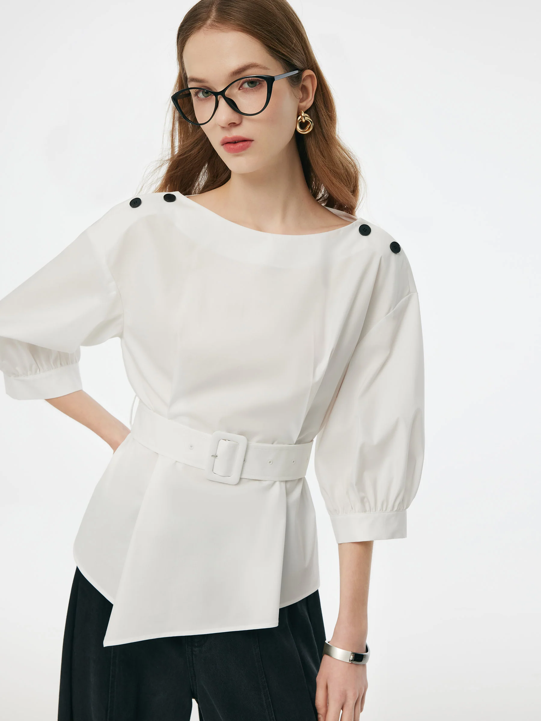 Boat Neck 3/4 Sleeve Women Blouse With Belt - Image 4