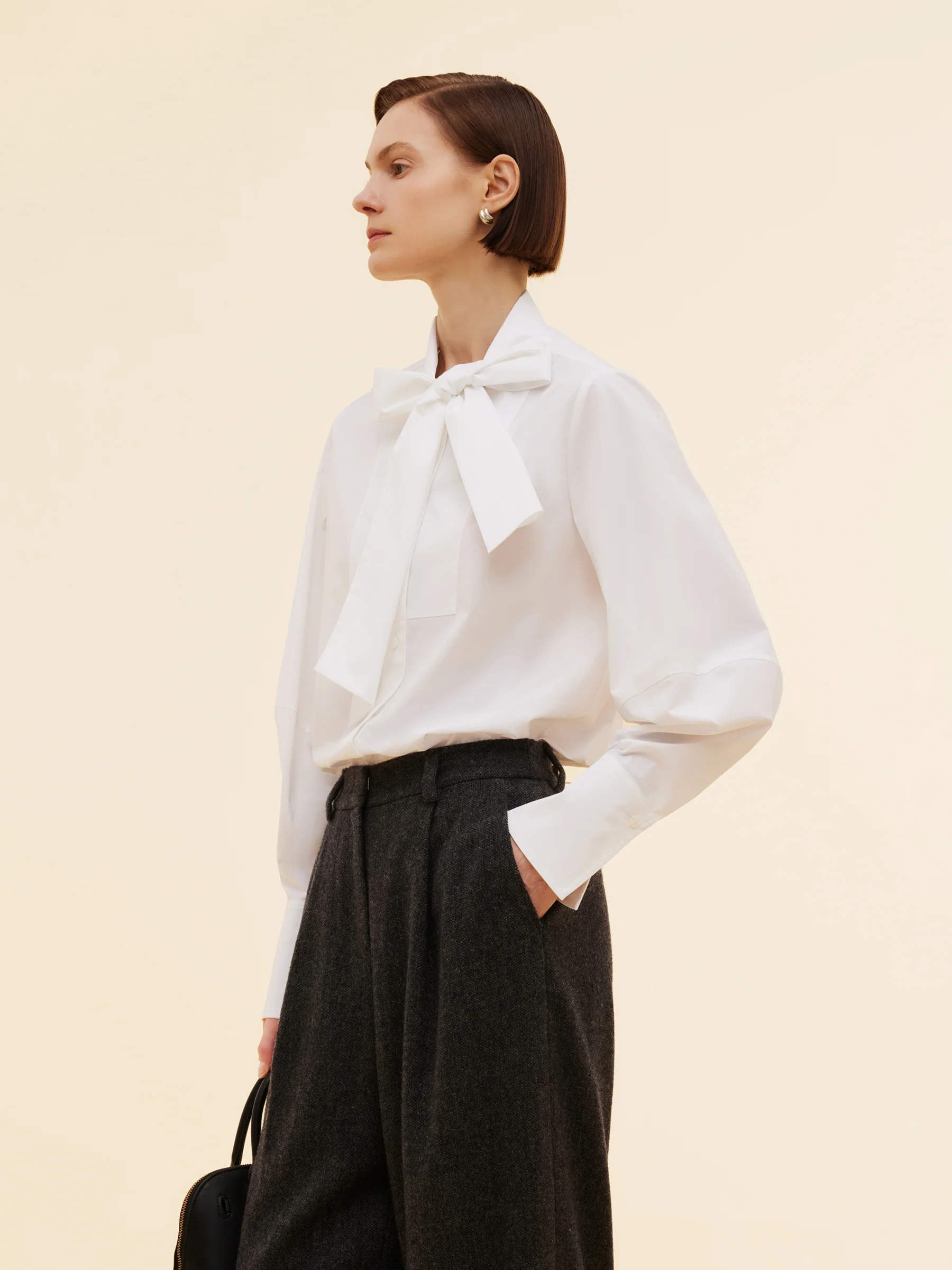 Bow Tie Front Balloon Sleeve Women Loose Shirt - Image 4