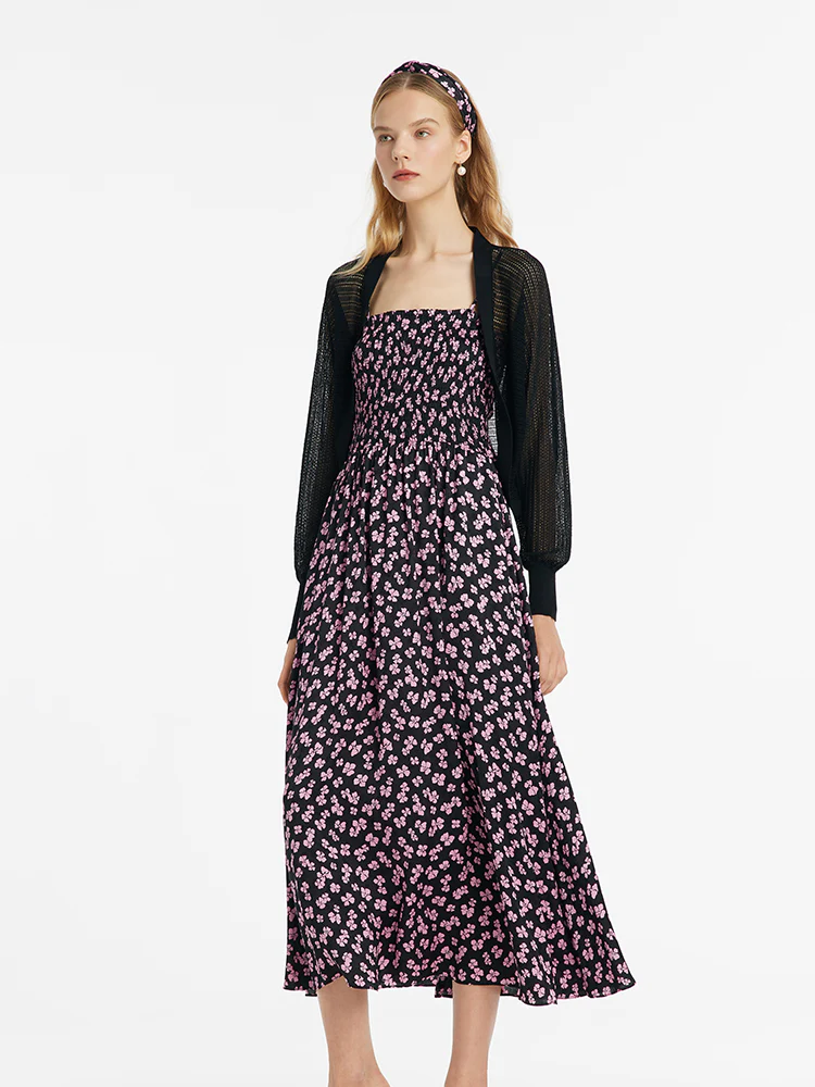 Bowknot Print Spaghetti Strap Maxi Dress And Knitted Cardigan Two-Piece Set With Scrunchie - Image 3