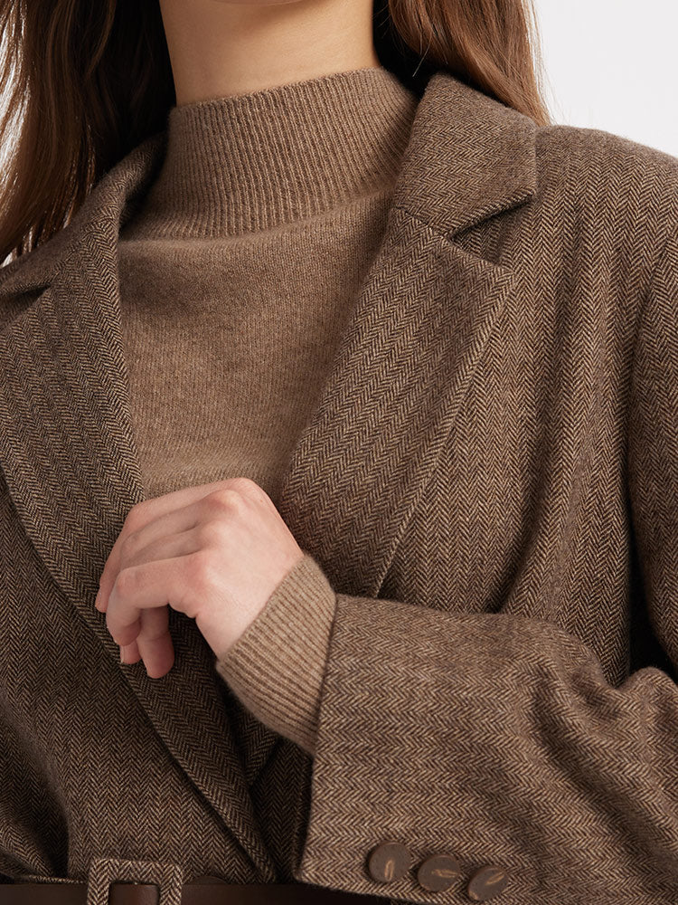 Brown Washable Woolen Sheath Gathered Waist Blazer - Image 4