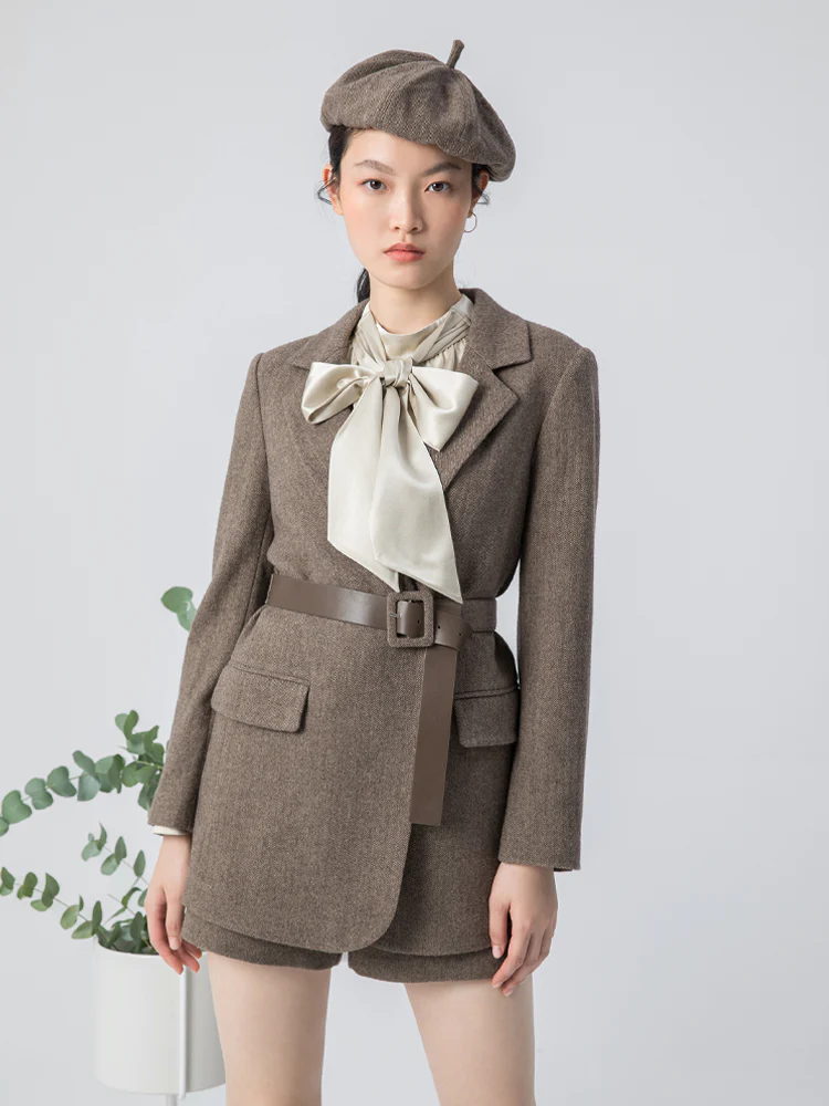 Brown Washable Woolen Sheath Gathered Waist Blazer - Image 5