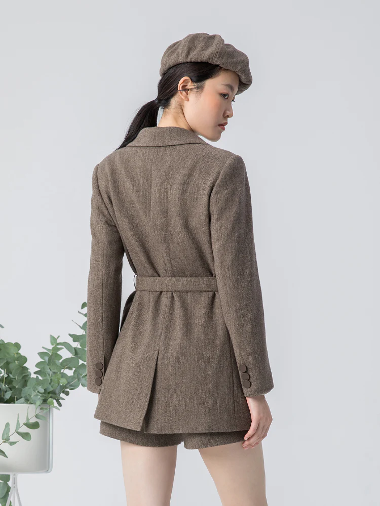 Brown Washable Woolen Sheath Gathered Waist Blazer - Image 6