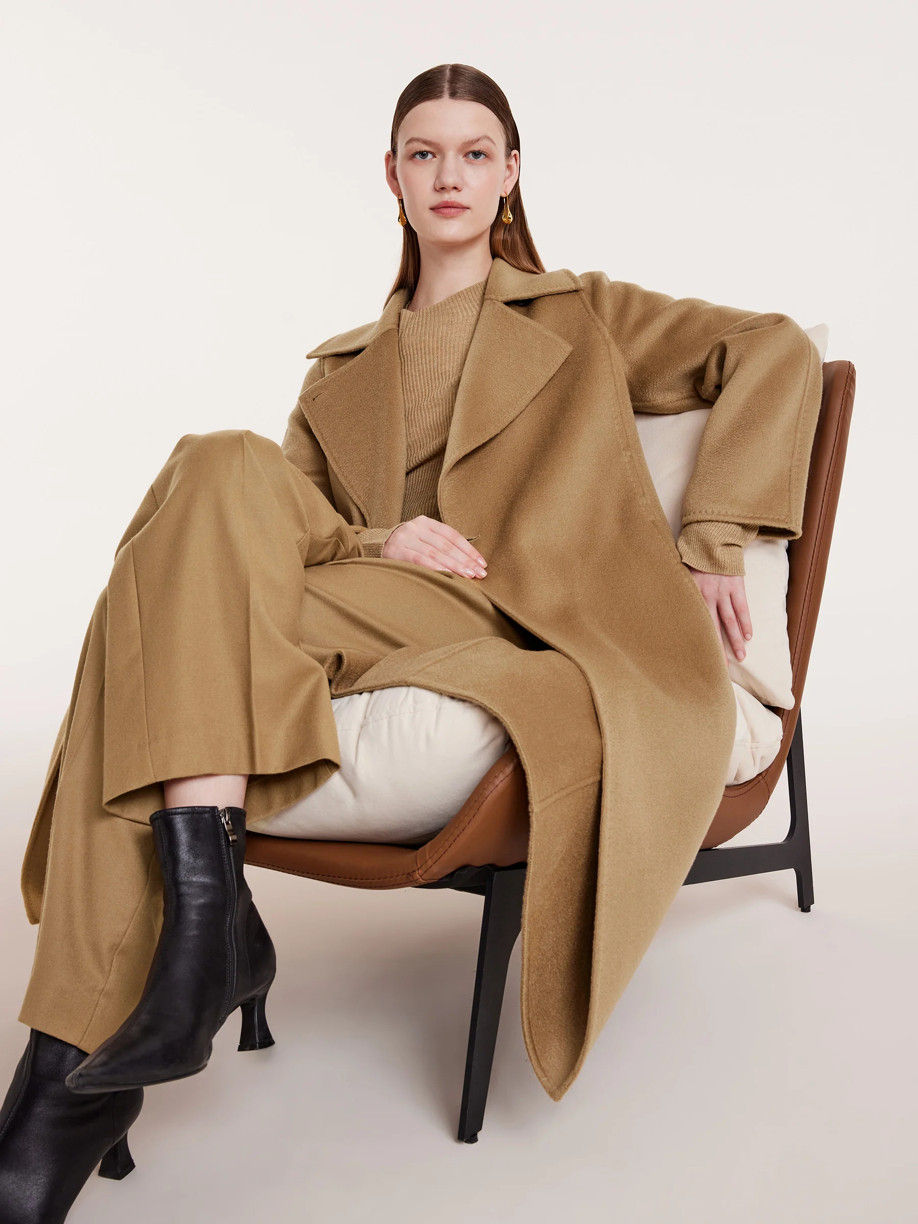 Camel Pure Cashmere Lapel Women Coat - Image 7