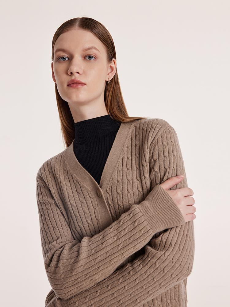 Camel Pure Cashmere V-Neck Cable Knit Women Cardigan - Image 5