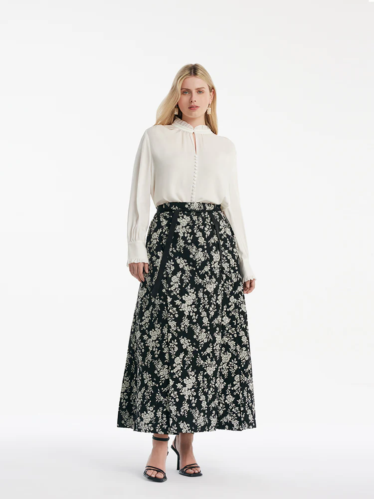 Camellia Jacquard Pleated Women Mamianqun With Bottomed Skirt - Image 7