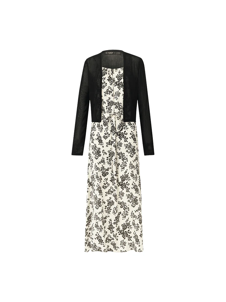 Camellia Print Spaghetti Strap Dress And Knitted Cardigan Two-Piece Set - Image 19