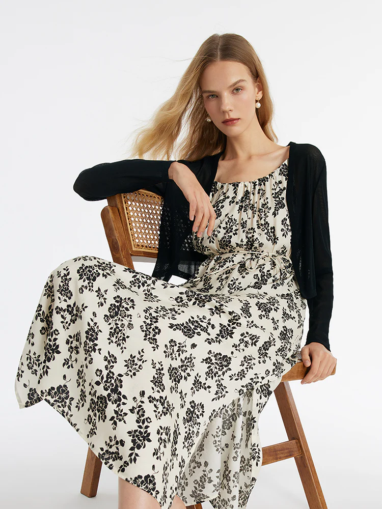 Camellia Print Spaghetti Strap Dress And Knitted Cardigan Two-Piece Set - Image 6