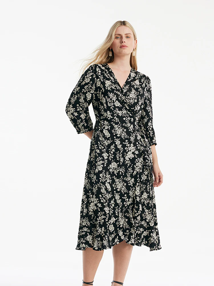 Camellia Print V-Neck Ruffle Hem Women Midi Wrap Dress - Image 12