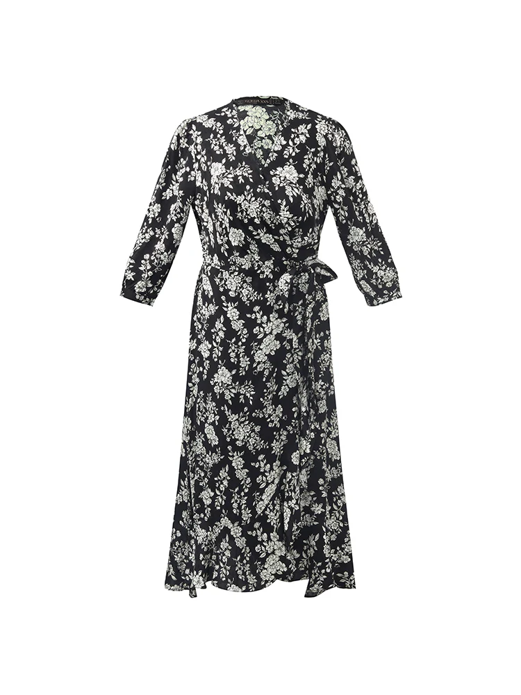Camellia Print V-Neck Ruffle Hem Women Midi Wrap Dress - Image 15