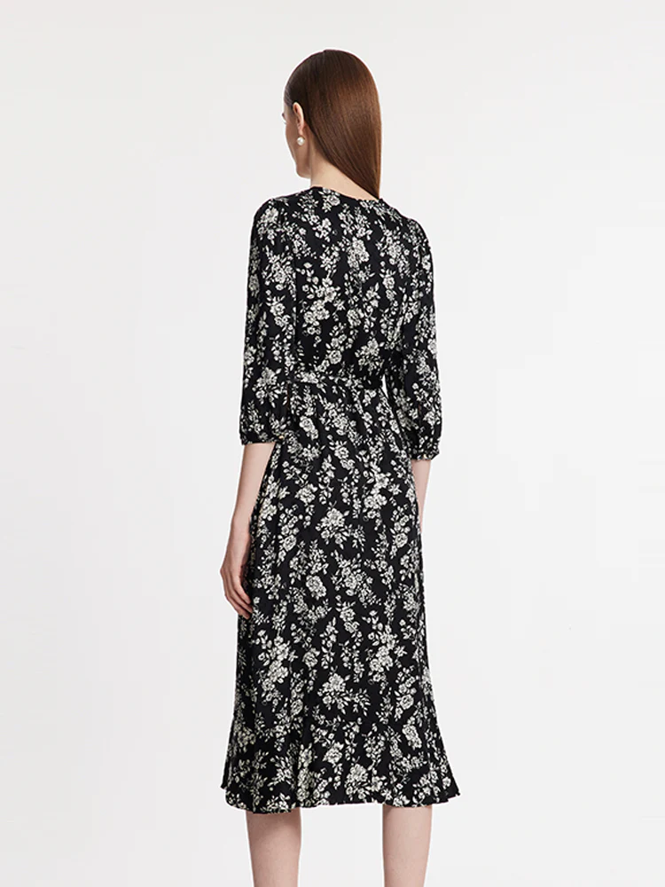 Camellia Print V-Neck Ruffle Hem Women Midi Wrap Dress - Image 4