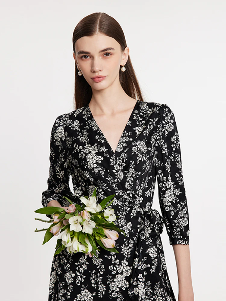 Camellia Print V-Neck Ruffle Hem Women Midi Wrap Dress - Image 5
